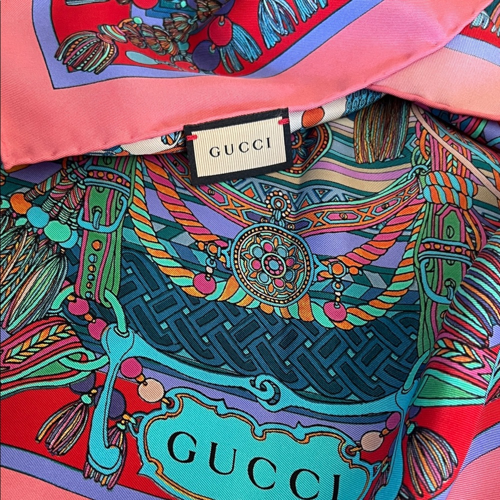 Gucci Vibrant Silk Scarf with Pink and Red Accents